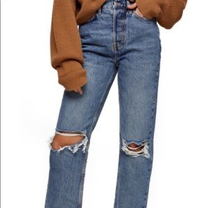 $80 TOPSHOP High Waist DAD Double Knee Ripped BOHO Hippie Torn Jeans Sz 28
